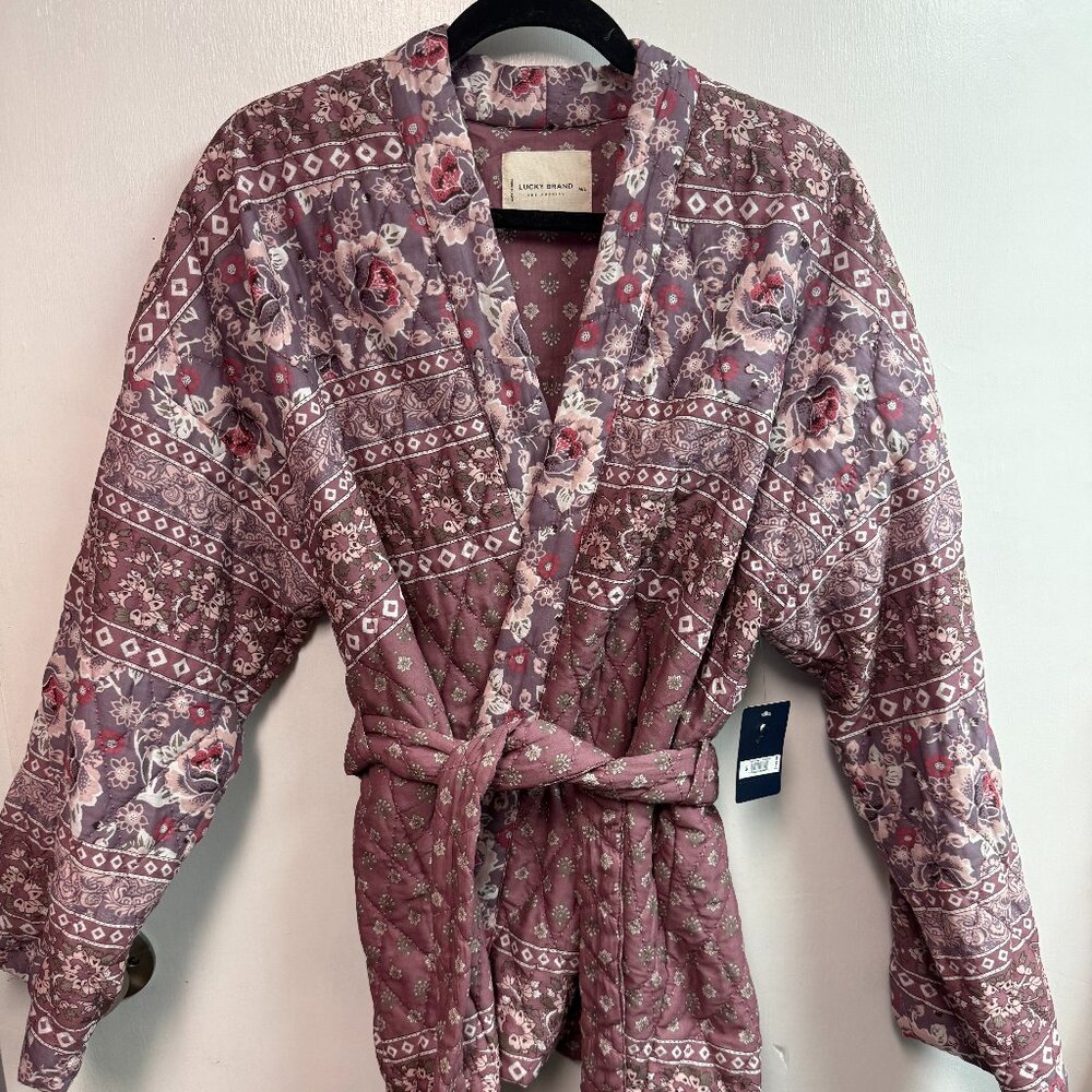 Lucky Brand Women's Belted Quilted Floral Mauve Kimono Jacket Sz M/L NWT